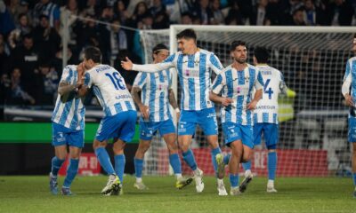 Pedro Capo celebrates with CF Talavera players after a goal against Real Madrid in the Copa del Rey