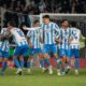 Pedro Capo celebrates with CF Talavera players after a goal against Real Madrid in the Copa del Rey